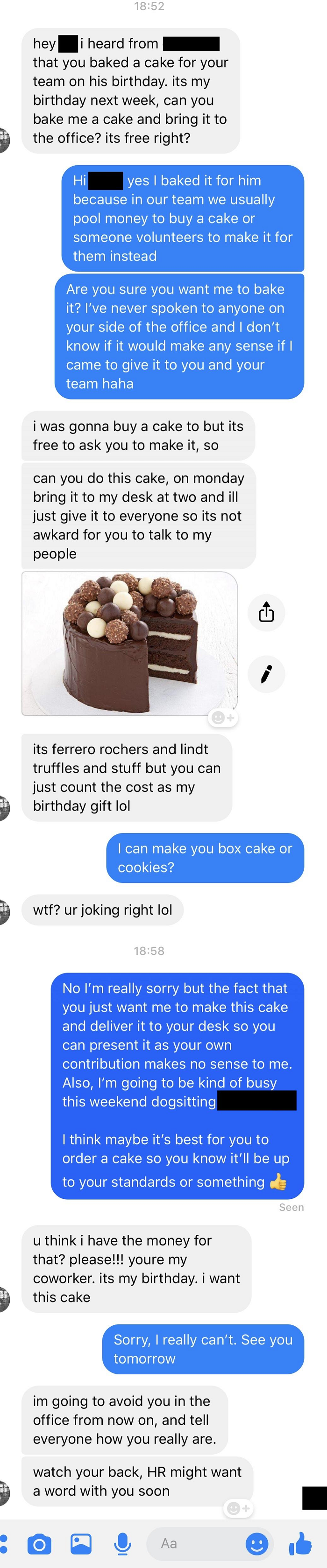 Co-Worker Threatens Woman When She Said No To Baking Free Cake