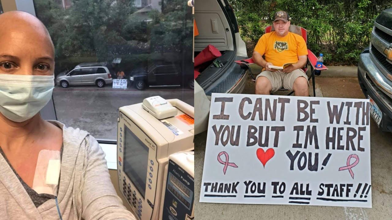 Husband Waits Outside Hospital To Support Wife Undergoing Chemo